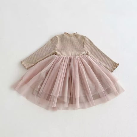 kids くすみカラーリブ×リボンチュールワンピース(814)