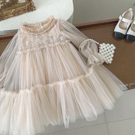 kids pink beige袖チュールドレス(3222)