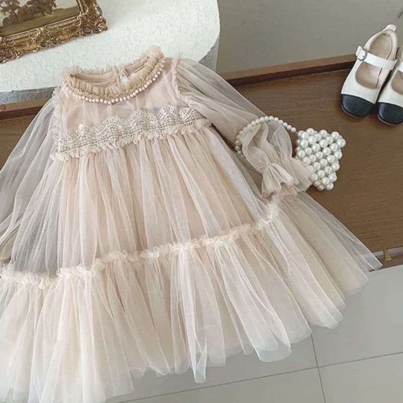 kids pink beige袖チュールドレス(3222) | こどもふく🧸mocokids
