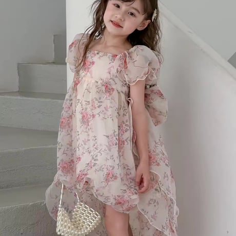 kids アシンメトリーピンクフローラルシフォンドレス(1544)