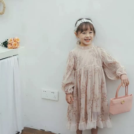 kids ピンクスパンコールメロウプリーツワンピース(2502)