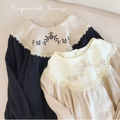kids 刺繍襟ぽわん袖Aラインワンピース(2385)