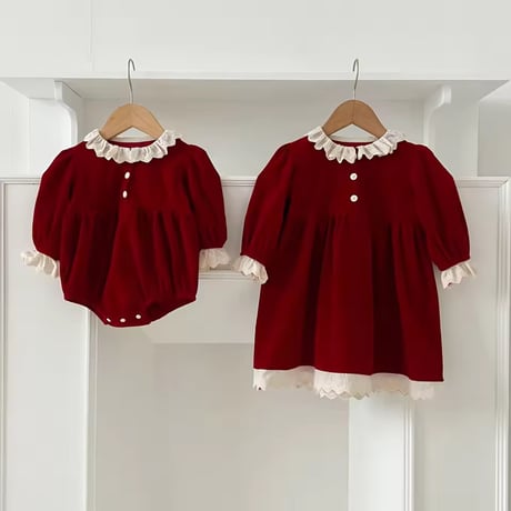 Xmasレッド姉妹お揃いレース襟ベルベットロンパースorワンピース(1035)