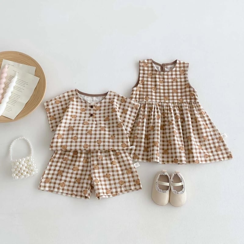 くま×ブラウンチェックワンピースorセットアップ(588) | こどもふく