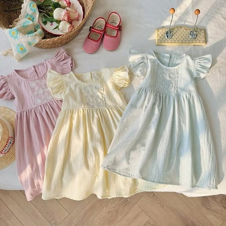 kids 3color パステルショルダーフリルワンピース(4075)