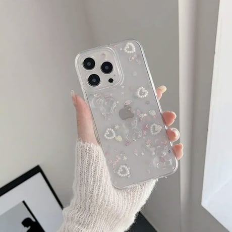 3Dクリスタルくま×パールハート×スパンコールクリアiPhoneケース(295)