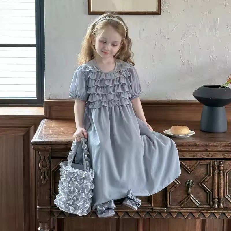 kids くすみブルートップフリルパフスリーブワンピース(1189) | こども