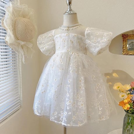 kids white gardenパフスリーブドレス(4110)