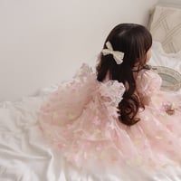7color 姉妹お揃いバタフライパフスリーブBIGウエストリボンドレス(1279)