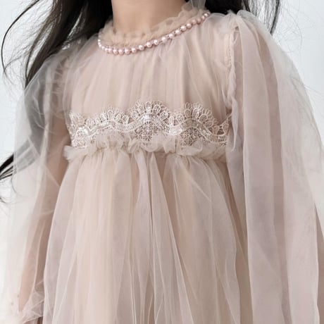 kids pink beige袖チュールドレス(3222)
