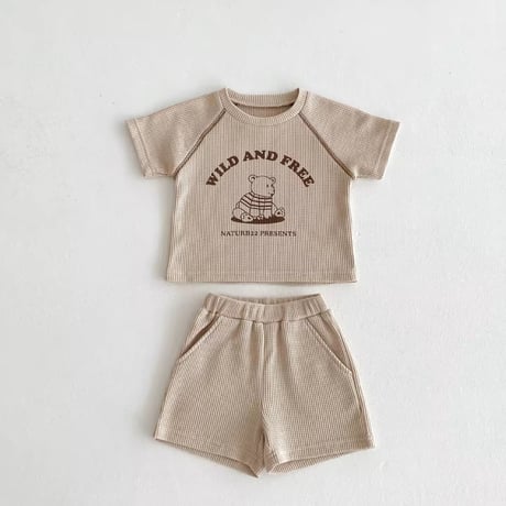 beige/brown ワッフル生地くまイラストセットアップ(1297)