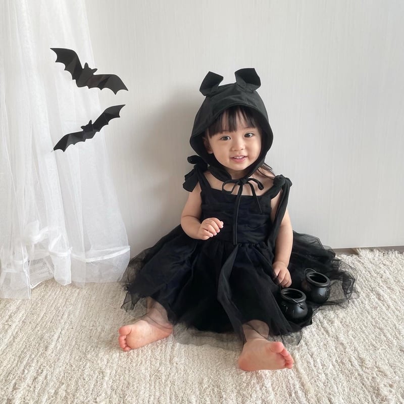 ねこ耳帽子付きblackチュールドレス(3252) | こどもふく🧸mocokids 上質シリーズ クロネコ 黒猫 チュチュドレス ハロウィン 仮装 2才～8歳 裏地＆猫耳付≪Lollypops!!!オリジナル≫(ハロ