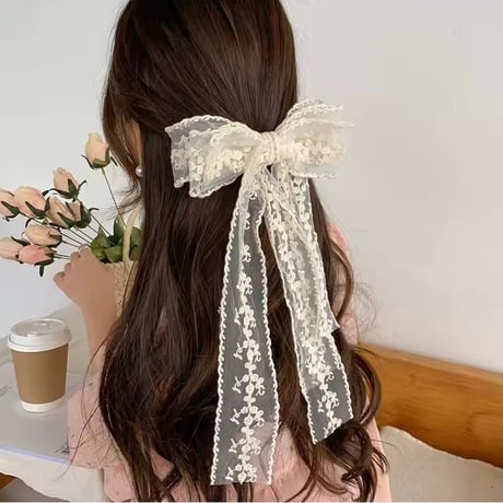 creamコットンレースリボンヘアバレッタ(1554)