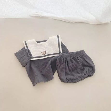 バイカラーくまワンポイントセーラー襟付きセットアップ(2373)