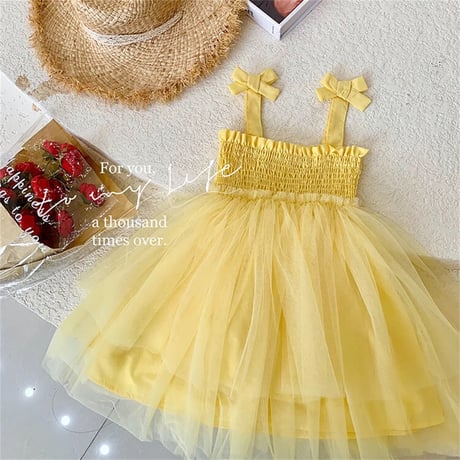 kids yellow/pinkシャーリングpopチュールドレス(4138)