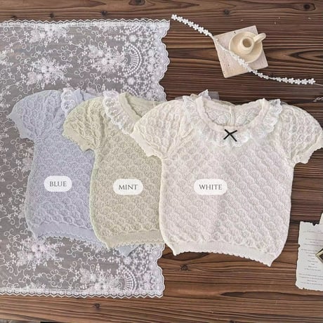 3color レースcollarパステルサマーニットトップス(1477)