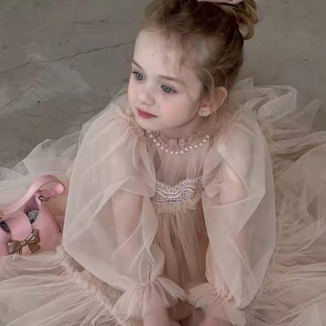 kids pink beige袖チュールドレス(3222)