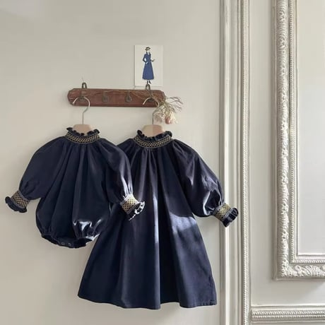 green/navy 姉妹お揃い立て襟刺繍ロンパースorワンピース(4184)