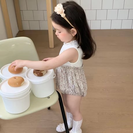姉妹お揃いノースリーブリブ切替フラワーロンパースorワンピース(1556)