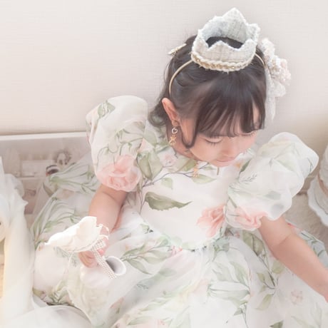 即納あり◆kids 4color Flower budsバックシャンパフスリーブシフォンドレス(547)