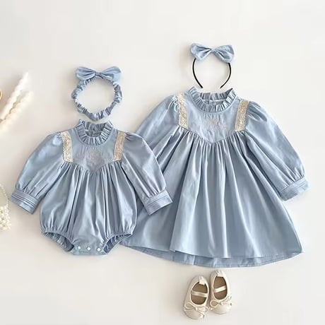 姉妹お揃いブルーVウエストロンパースorワンピース(955)