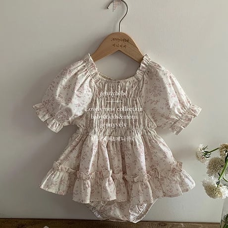 jennybebe シャーリングpink小花柄スカートロンパース(4099)