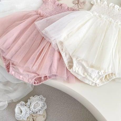即納あり◆ivory/pink コットンリボンシャーリングチュールロンパース(1233)