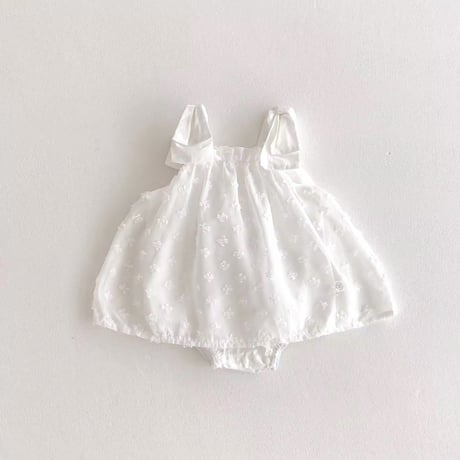 white×lemon yellowショルダーリボンシフォンレースロンパース(784)