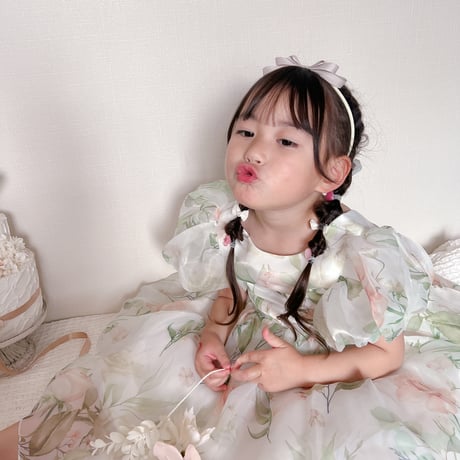 即納あり◆kids 4color Flower budsバックシャンパフスリーブシフォンドレス(547)