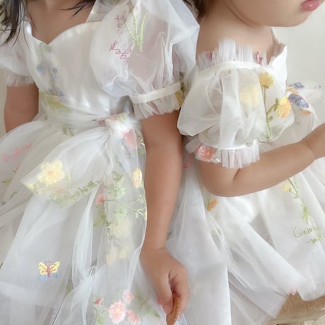8color flower gardenショートスリーブリボンチュールドレス(916)