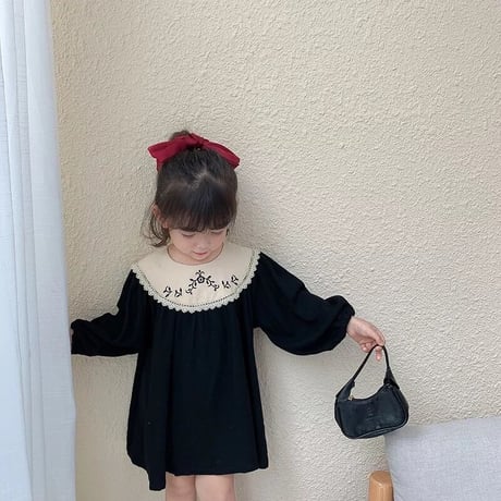 kids 刺繍襟ぽわん袖Aラインワンピース(2385)