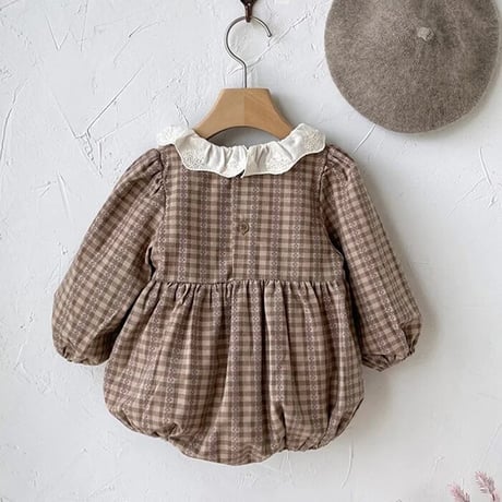 姉妹お揃いbrownチェックスカラップレースロンパースorワンピース(4010)