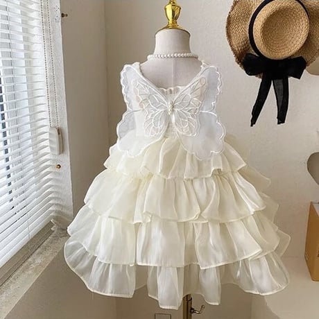 kids 4color シャーリングtripleサテンチュールバタフライドレス(3232)