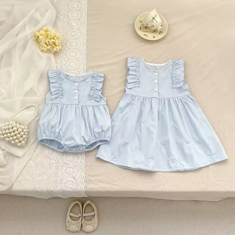 light blue姉妹お揃いミニリボンショルダーフリルロンパースorワンピース(1150)