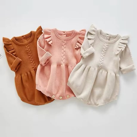 3color ニット編み込みフリルロンパース(965)