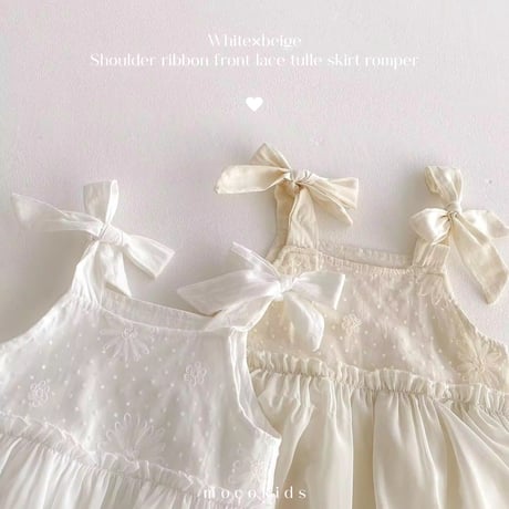 white×beige ショルダーリボンフロントレースチュールスカートロンパース(1077)