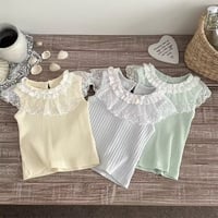 3color リボンハートレースcollarパステルリブノースリーブブラウス(2245)