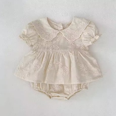 姉妹お揃いbeigeコットンレース刺繍ワンピースorスカートロンパース(1459)