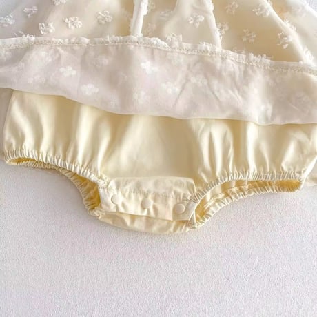 white×lemon yellowショルダーリボンシフォンレースロンパース(784)