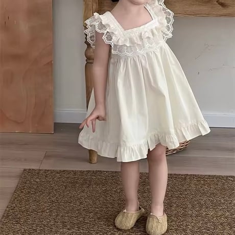 バックブラックリボンスクエアネックコットンワンピース(1177)