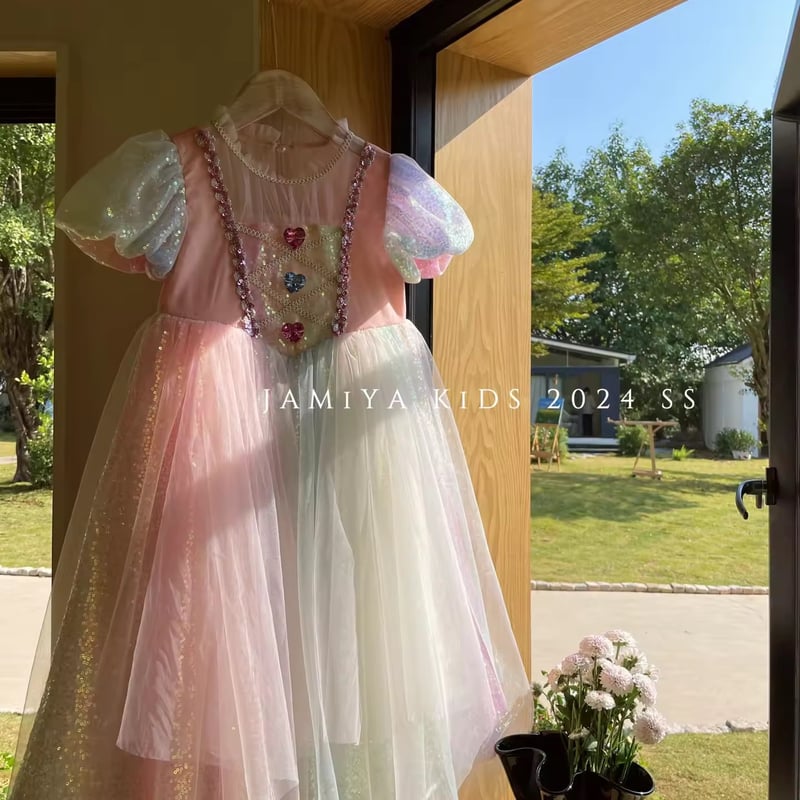 kids カラフルハートストーンレインボースパンコールプリンセスドレス