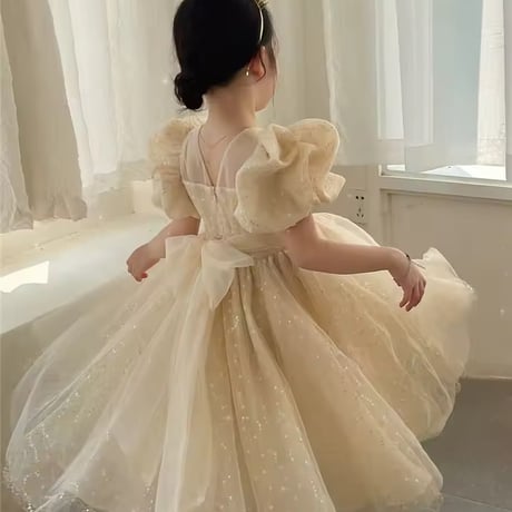 kids pink/champagne スパンコールパフスリーブドレス(638)