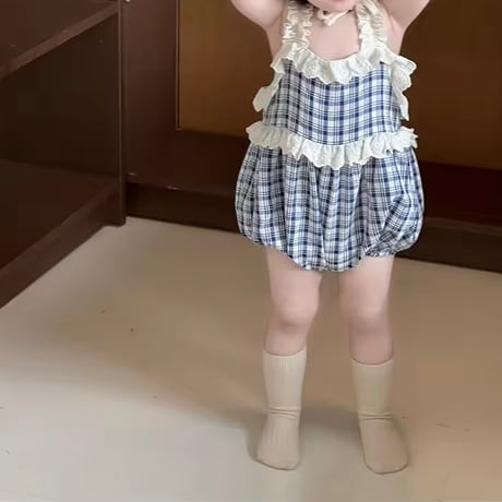 ブルーチェックコットンフリルキャミロンパース(1470)