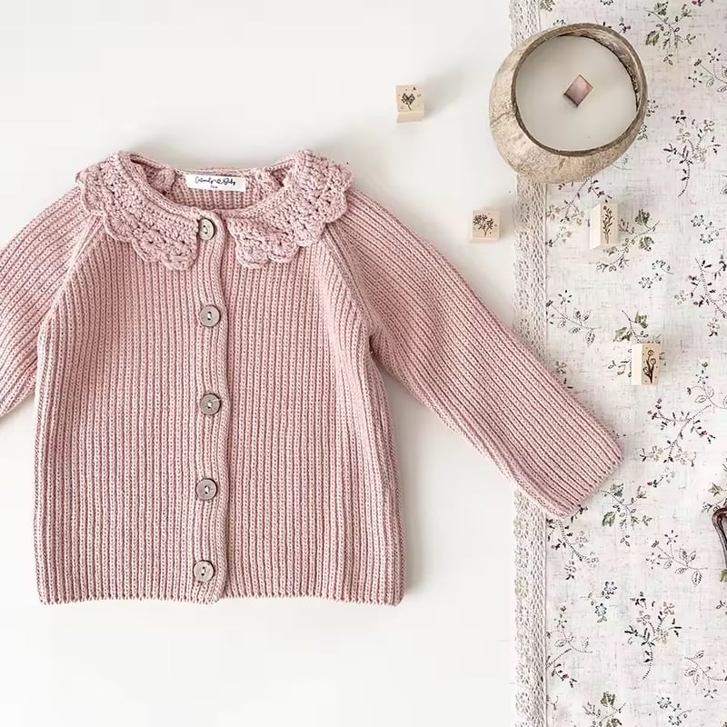 BABY チョコ柄 カーディガン ピンク white/pink かぎ針編み襟ニットカーディガン(2021) | こどもふく