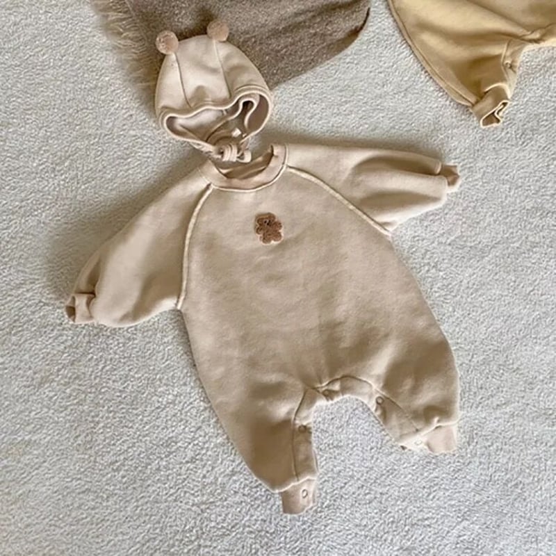 ぽんぽんくま耳ボンネットくまワッペンロンパース(2338) | こどもふく