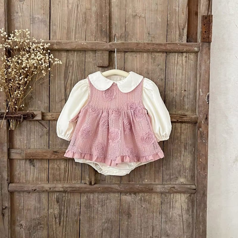 ローズエプロンレース重ね着ロンパース(951) | こどもふく🧸mocokids