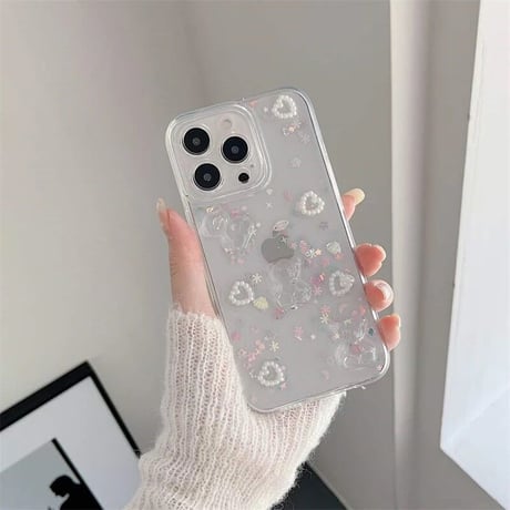 3Dクリスタルくま×パールハート×スパンコールクリアiPhoneケース(295)