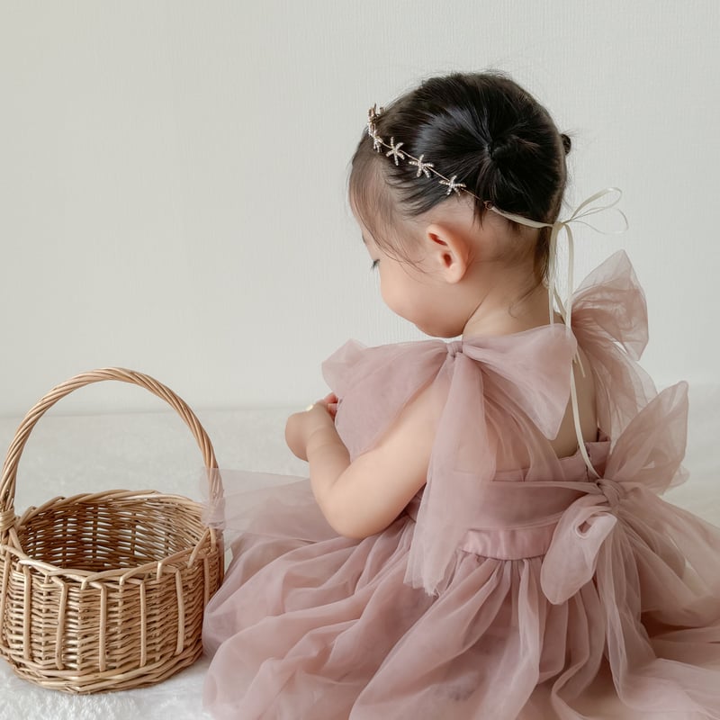 2color shoulder back ribbonチュールロンパースドレス(3354) |