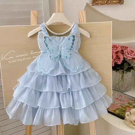 kids 4color シャーリングtripleサテンチュールバタフライドレス(3232)