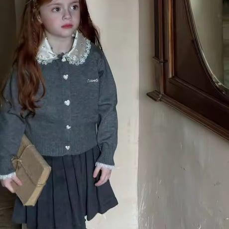 kids black/gray sparkly collarハートボタンカーディガン(2030)